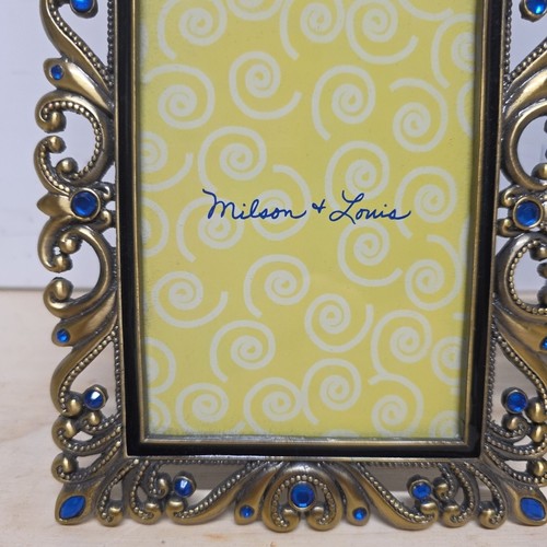 Metal Picture Frame 3.5 X 5 Photo Jeweled Rhinestone Brass Blue Milson & Louis - Picture 5 of 12