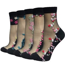 5 Pairs Womens Black Sheer Mesh Socks Ultrathin Fishnet Floral Lace Ankle See...
