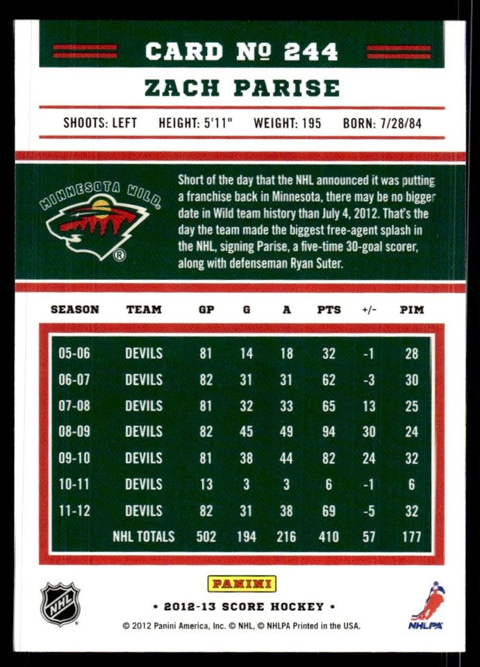 2012-13 Score Gold Rush Zach Parise Minnesota Wild #244 - Image 2 of 2