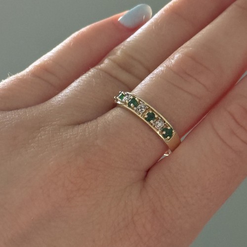 10K Yellow Gold Emerald Four Stone Diamond Accent Ladies Band Ring Size 7 - Picture 10 of 12