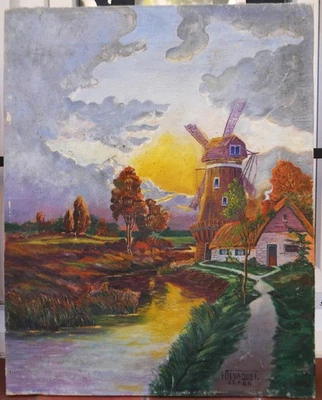 tableau ancien signé Devaquet: moulin à vent au crépuscule - Photo 1/4