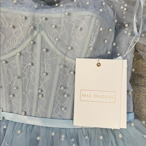 New Mac Duggal Sample Fit Flare Mini Corset Dress Light Blue Pearl Accent Sz 2 - Picture 8 of 14