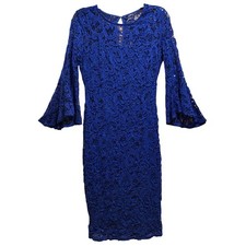 Marina Cocktail Dress Womens 4 Royal Blue Lace Sequin Bell Sleeve Glam Fairy