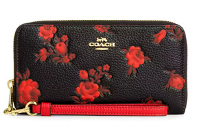 Coach Long Zip Around Wallet - CCL36 Black Purple Floral Pebbled Leather -