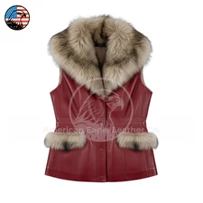 Women’s Red Sheepskin Leather Vest Fox Fur Collar Biker Motorcycle Waistcoat USA