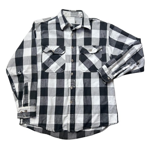True VTG 1940s 50s Black White Plaid Sanforized Flannel Cotton Work Shirt Large - Picture 1 of 8