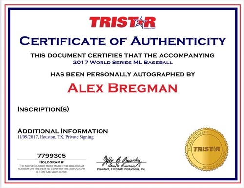 Alex Bregman Signed 2017 World Series Logo Baseball Houston Astros Tri-Star COA - Picture 7 of 7