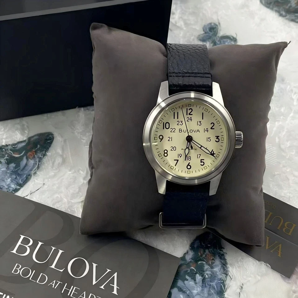 Bulova 96A246 Men's Hack Watch Ivory Dial Automatic Black Leather Strap 38 mm - Image 4 of 4