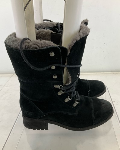 UGG Black Suede Lace-Up Mid-Calf Boots 7-7.5 - Picture 2 of 5