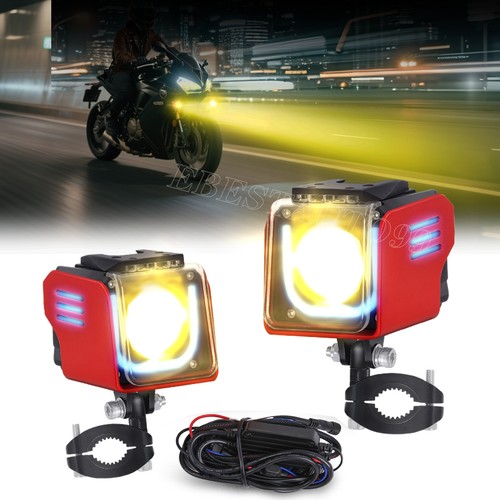 2x 3.5" RGB Motorcycle LED Pods Auxiliary Driving White/Amber Spotlight w/Strobe