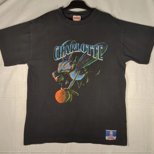 Vtg Charlotte Hornets Nutmeg Mills T-Shirt Mens XL (M) Black NBA Double sided SS