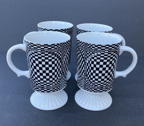 "4 tazas de pedestal Mid-Cen negro blanco tablero óptico porcelana 5"" 8 oz Japón" - Imagen 5 de 10