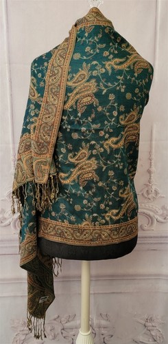 Victorian Trading Pashmina Paisley Teal & Gold Woven Shawl Scarf Wrap 44C - Picture 4 of 4