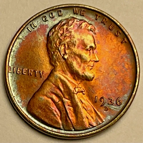 GEM BU 1936-D LINCOLN CENT   COLORFUL BULLSEYE TONING  LINCOLN WHEAT- 1909-1958