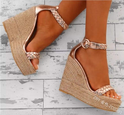 Damen High Wedge Heels Knöchelriemen Sandalen Pumps Freizeit Peeptoe Plateau Schuhe - Bild 4 von 11