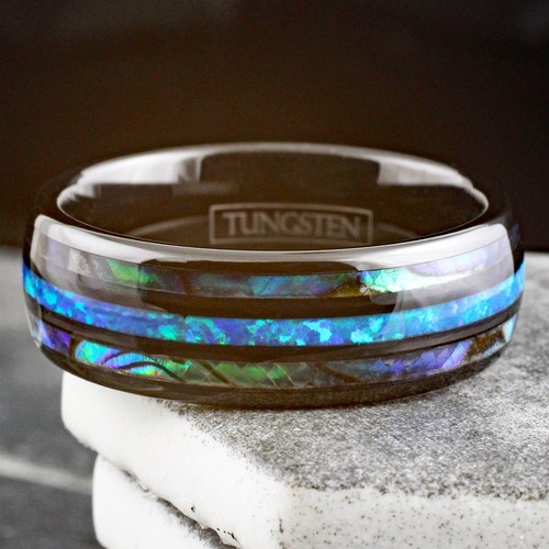 8mm Black Tungsten Carbide Abalone Hawaiian Blue Opal Men's Wedding Band Ring - Picture 7 of 12