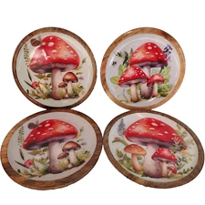 Set of 4 Mushroom Themed Designs on Wood 6"Plate Saucer Trivet Snail NEW NWOT