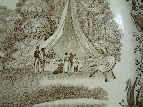 11" seltene Staffordshire 1850er Bogenschießen BRAUN TRANSFERWARE Kuchen TELLER guter Zustand WOW - Bild 6 von 12