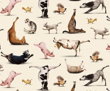 100% Cotton Fabric BTY (BY THE YARD) Barnyard Yoga is for Everyone Cow Pig Chick
