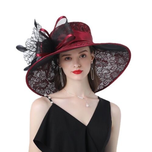 Hot Women Mesh Floral Pattern Organza Hat Wide Brim Cap Cocktail Party Wedding - Picture 5 of 26