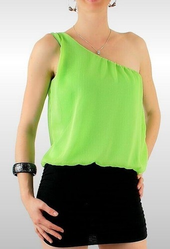 Sexy Miss Women's Mini Dress Chiffon One Shoulder 34/36/38 Black Bright Green - Picture 2 of 3