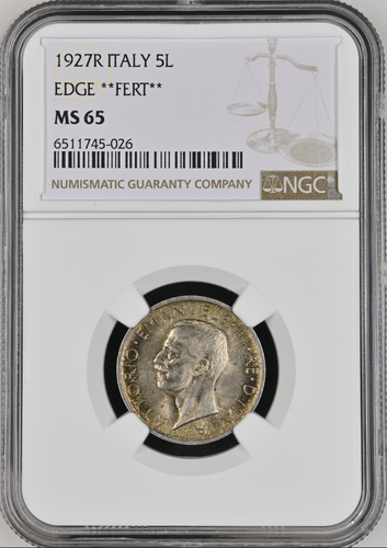 O893, Italien, Vit. Emanuele III, 5 Lire 1927 R, Rom Mint, NGC MS65, seltene Erhaltung!!