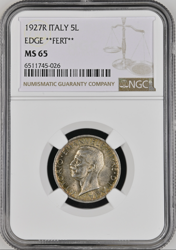 O893, Italy, Vit. Emanuele III, 5 Lire 1927 R, Rome Mint, NGC MS65, Rare Grade!! - 第 1/2 張圖片