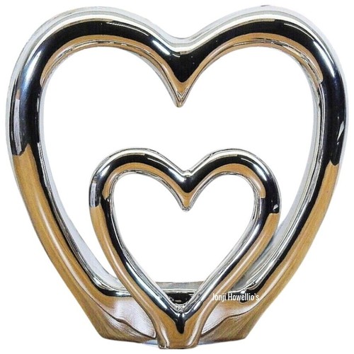 Silver Double Heart Tea Light Candle Holder Ornament Love Romance Home Decor - Picture 2 of 7