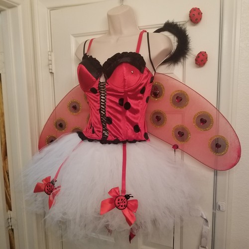 Ladies Charming Red Black Lady Bug Costume Wings, Corset, Skirt, Antennae SZ S/M - Picture 7 of 22