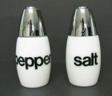 Corelle Westinghouse Gemco Black Letter White Milk Glass Salt Pepper Shakers EXC