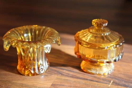 Small Vintage Amber Glass Bowl Vase container Set x2 Decorative Interior prop