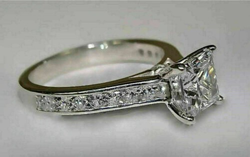 2Ct Princess Lab Created Diamond Solitaire Engagement Ring 14K White Gold Plated - Picture 3 of 5