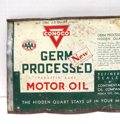 Vintage CONOCO GERM PROCESSED MOTOR OIL Metall 1 QUART DOSE Werbeschild 9,95 $ - Bild 2 von 5
