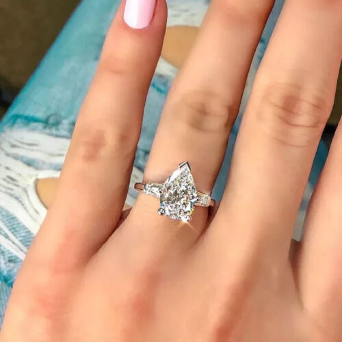 2.50Ct Pear Cut Moissanite Three-Stone Engagement Ring 14K White Gold Plated - Picture 2 of 4