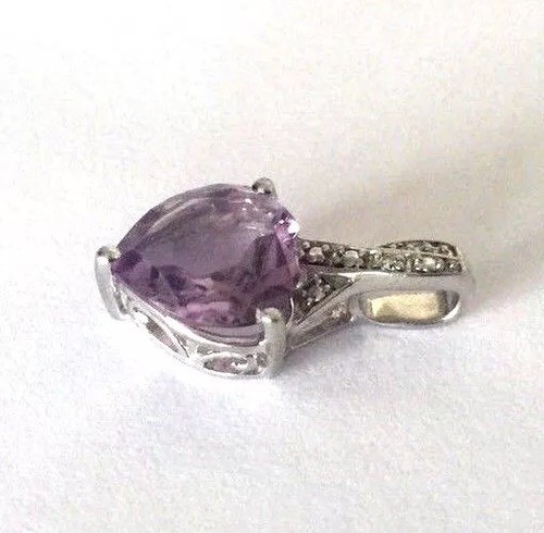 SAI 10K WHITE SOLID GOLD LADIES PURPLE AMETHYST HEART SHAPE PENDANT 1 DIAMOND - Picture 3 of 6