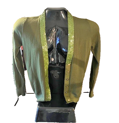 J Crew Womens Merino Wool Sequin Lined V-Neck Button Cardigan Army Green Size XS