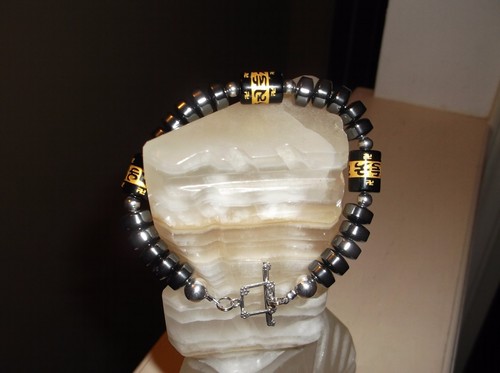MEN'S HANDMADE OM 9 1/4" 10 MM HEMATITE RONDELL & STERLING SILVER BEADED BRACELE - Picture 2 of 8