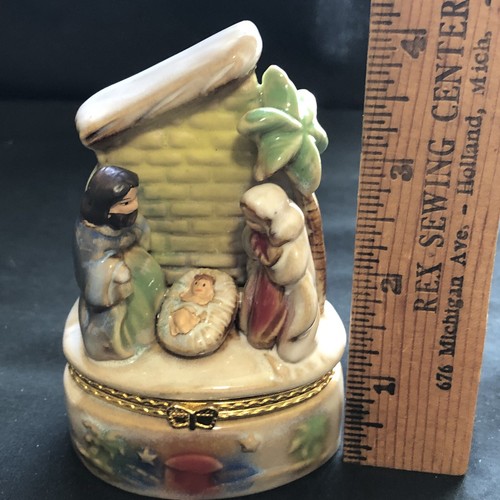 "Caja de baratija de belén de Navidad de colección pesebre borde dorado palmera pared cerámica 4""" - Imagen 8 de 11
