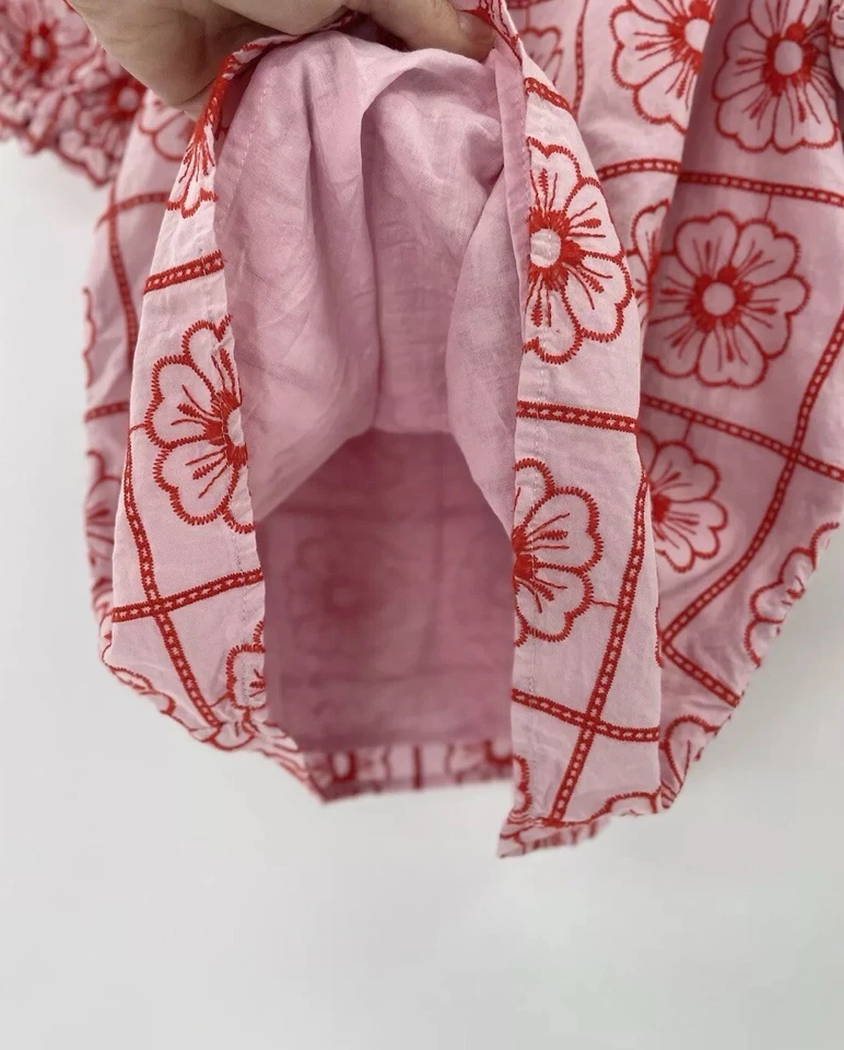 Crewcuts Girls Pink & Red Floral Embroidered Puff Sleeve Lined Blouse Size XL - Image 4 of 4