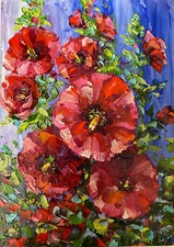  HOLLYHOCK ,MALLOW Original OIL Impasto PAINTING  Impressionism 7"x 5"Olga Diduh