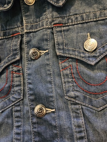 True Religion Jacket Men Small Denim Jean Trucker Red Hoodie Sleeves Spellout - Picture 6 of 23