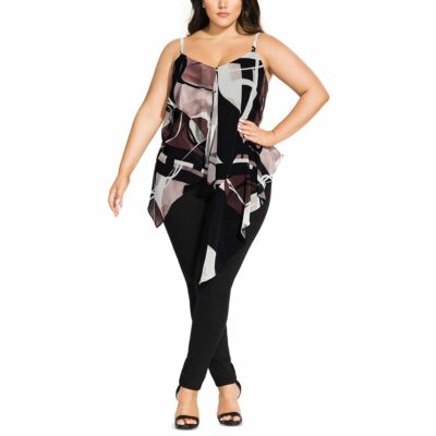 City Chic Womens Black Sahara Print Asymmetrical Tiered Sleeveless Top Plus Size