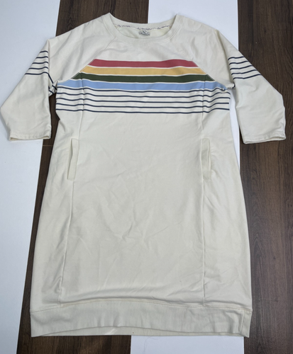 LL Bean Damen L weiß gestreift Pullover Kleid Shirt Oberteil Taschen Stretch Langarm