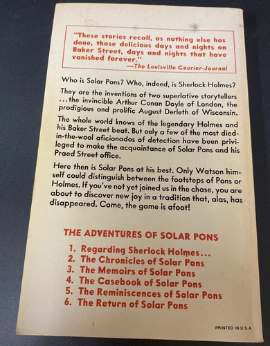THE RETURN OF SOLAR PONS (SOLAR PONS 6) August Derleth **Excellent Condition** - Picture 2 of 5