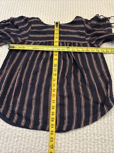 By Anthropologie Blouse Size Small Metallic Blue Striped Tie Sleeves Back Button - Picture 10 of 12
