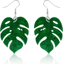 Green Monstera Leaf Earrings Acrylic Palm Plant Drop Dangle Tropical Jewelry Wom