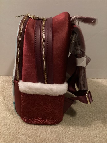 LOUNGEFLY DISNEY B & B BELLE ENCHANTED XMAS VELVET MINI BACKPACK ~ TAGS~ NEW - Picture 5 of 6