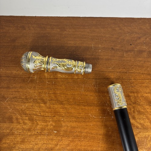 Vintage Style Ornate Walking Cane Hidden Compartment Screw Off Gold Handle Decor - Picture 2 of 3