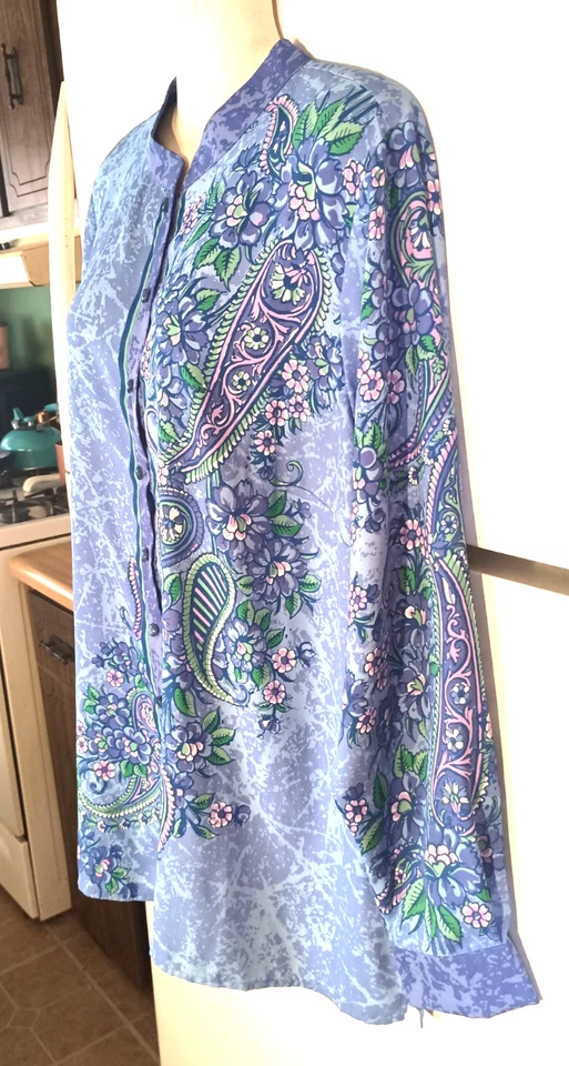 BLUSA BOB MACKIE USABLE ARTE FLORAL PAISLEY MANGA LARGA CUELLO MANDARINA 1X Foto 2 de 4