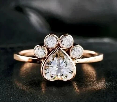 2Ct Real Moissanite Paw Print Wedding Engagement Ring 14K Rose Gold Plated